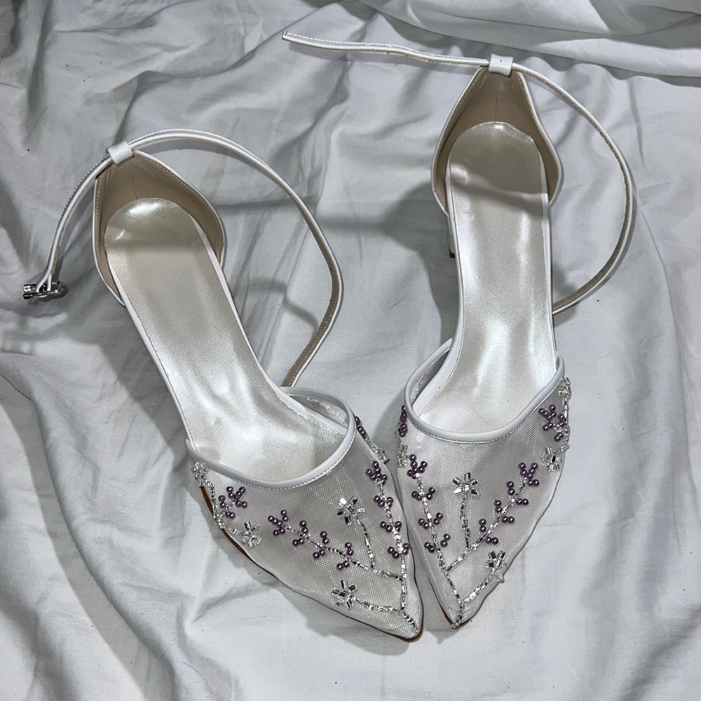 White and purple custom wedding shoes block heel